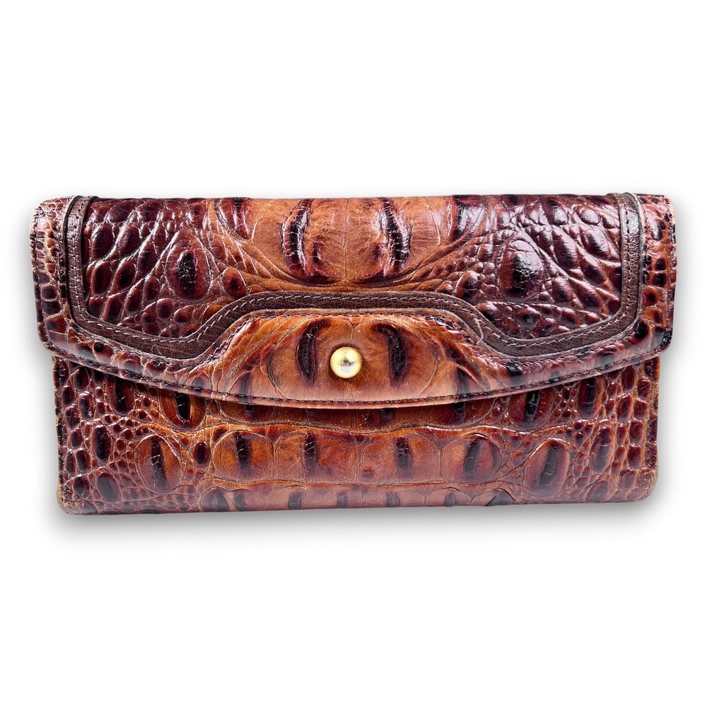 Brahmin Veronica Croc Embossed Leather Brown Clutch Wallet Checkbook Gold